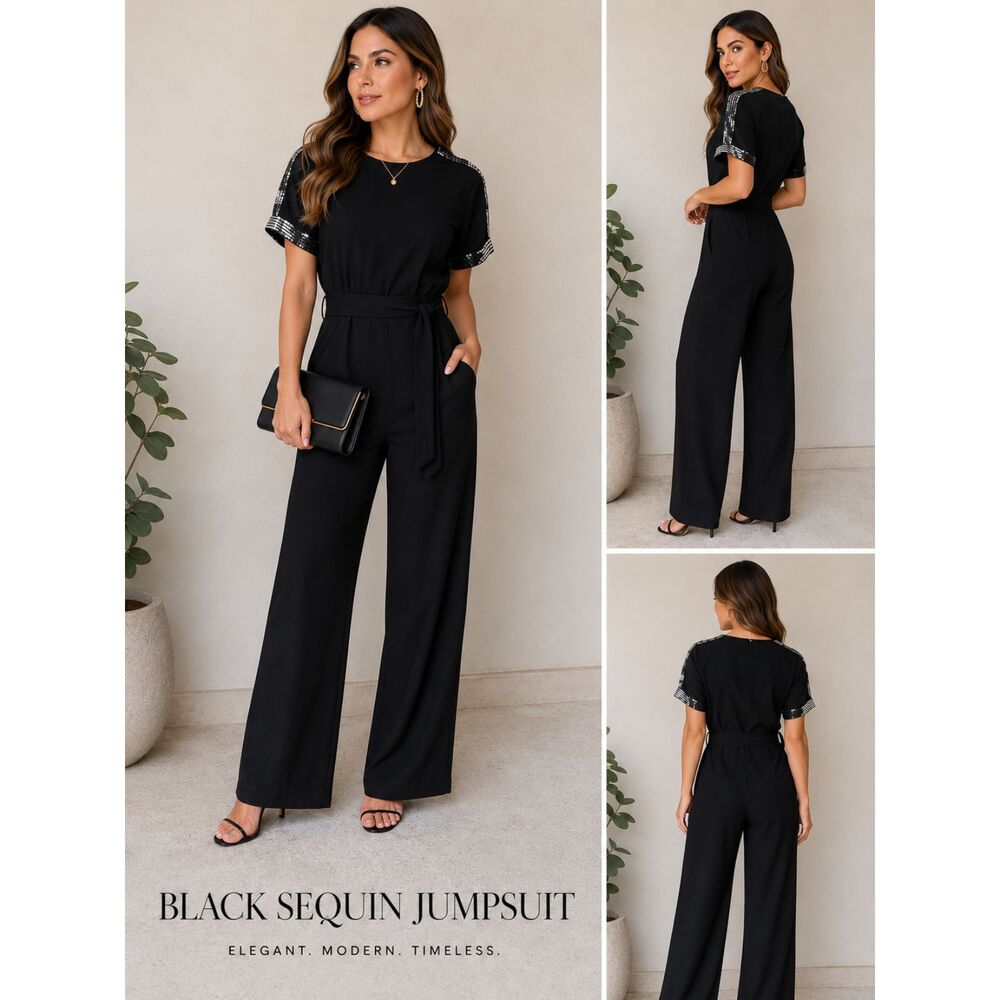 Vertiche Black Wide Leg Jumpsuit Sequin Sleeves Fabric Belt Evening Party Sz M